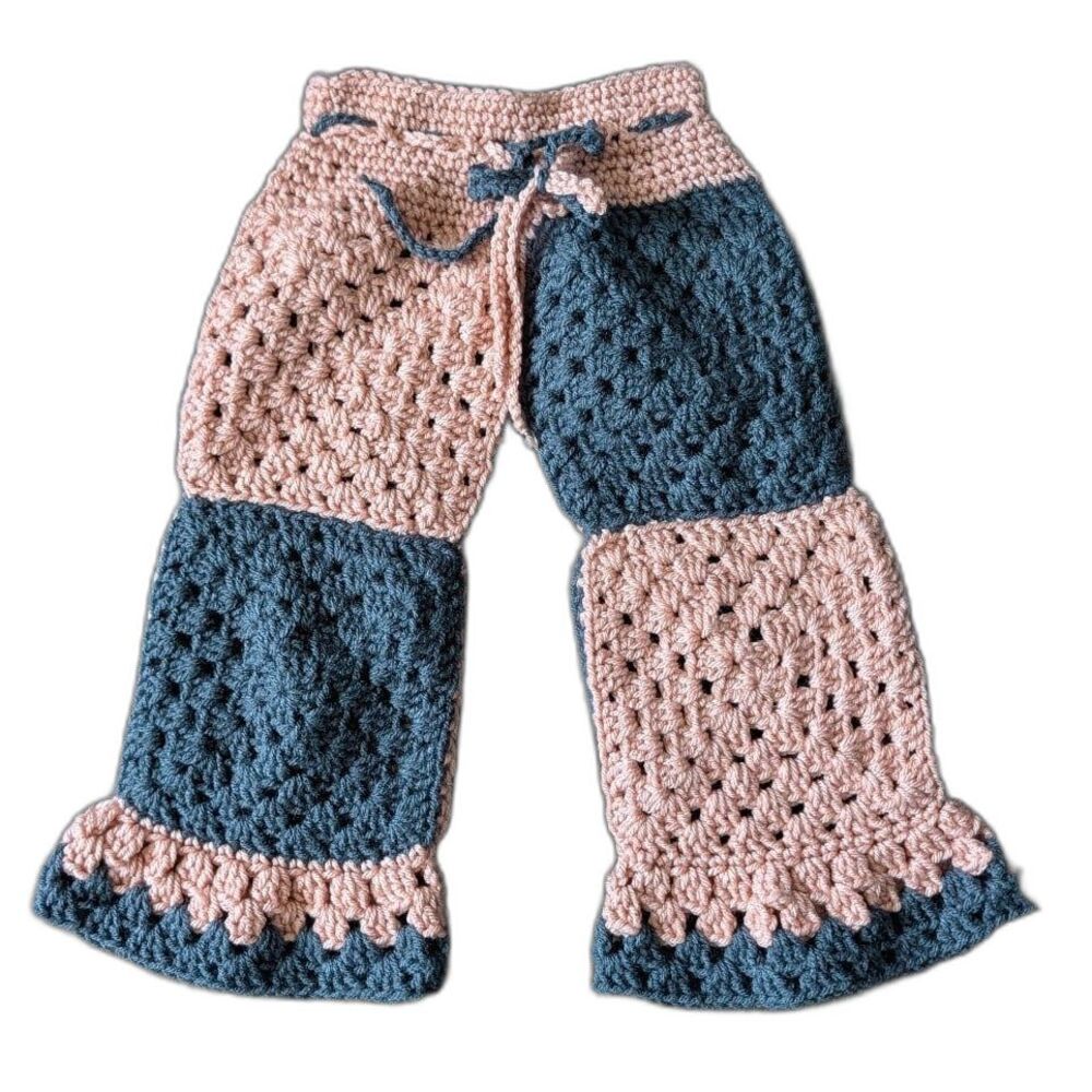 Handmade Crochet Patchwork Granny Square Flare Pants Pink/Gray Drawstring 2T